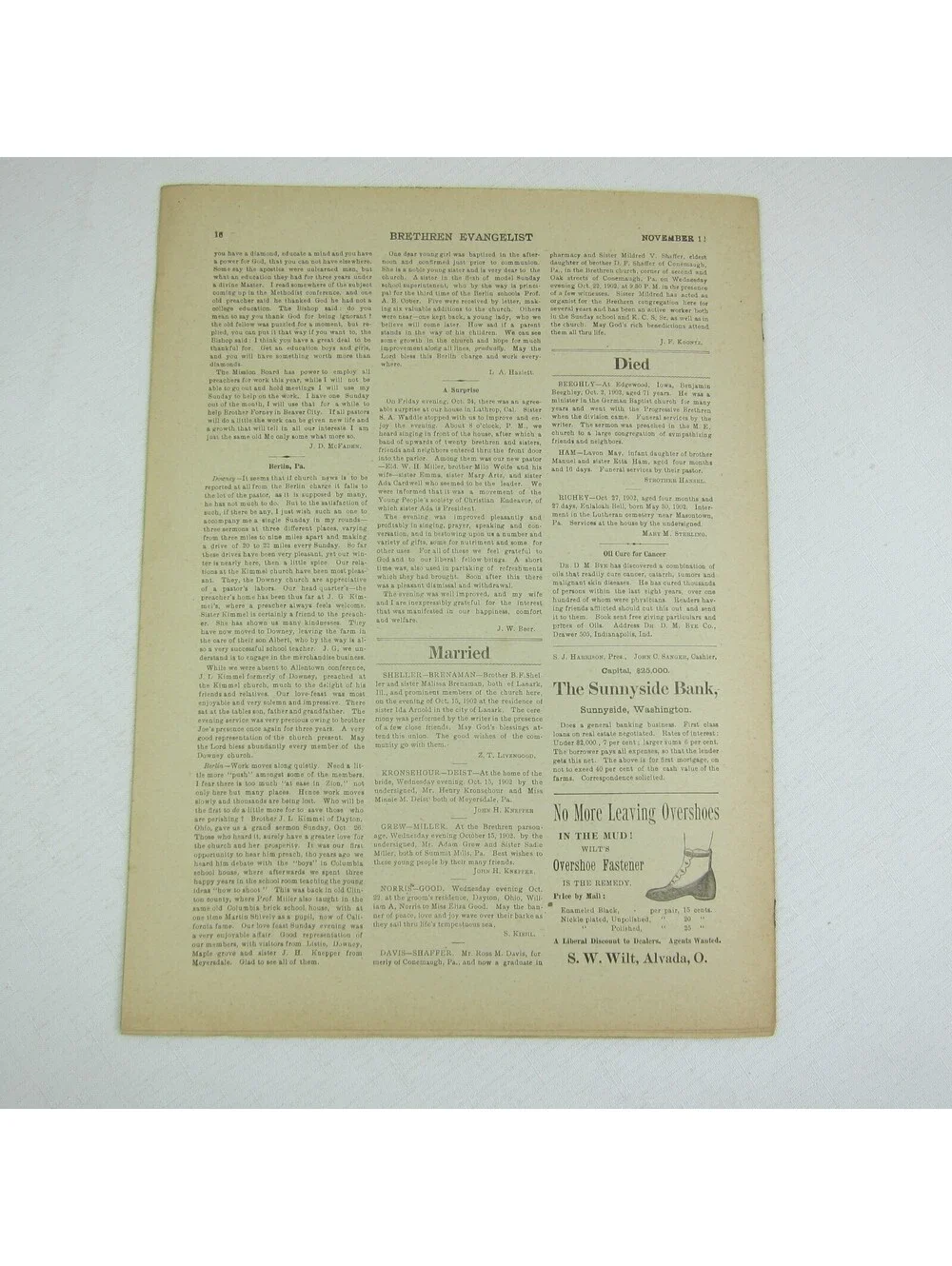Brethren Evangelist Christian Newspaper Ashland Ohio Antique November 12th 1902